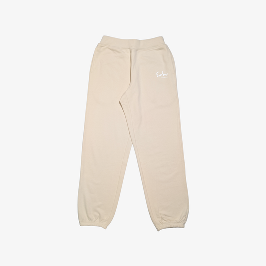 Beige joggers for slower days. Made from heavyweight cotton. Comfortable for long days out or quiet time in.