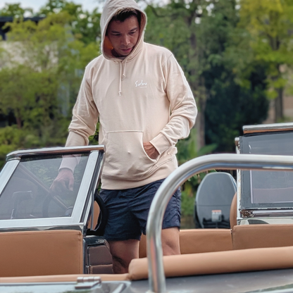 Beige hoodie for slower days. Made from heavyweight cotton, this hoodie feels soft on the inside with enough weight to keep you warm without overheating. Comfortable for long days out or quiet time in.